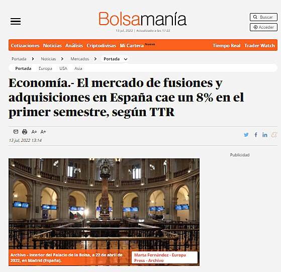 Economa.- El mercado de fusiones y adquisiciones en Espaa cae un 8% en el primer semestre, segn TTR